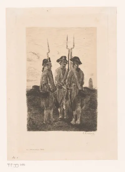 Drie soldaten op wacht met de bajonet op het geweer