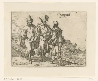 Drie Spanjaarden, een veldslag in de achtergrond