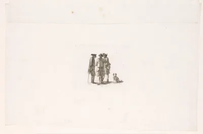 Drie staande mannen en een hond