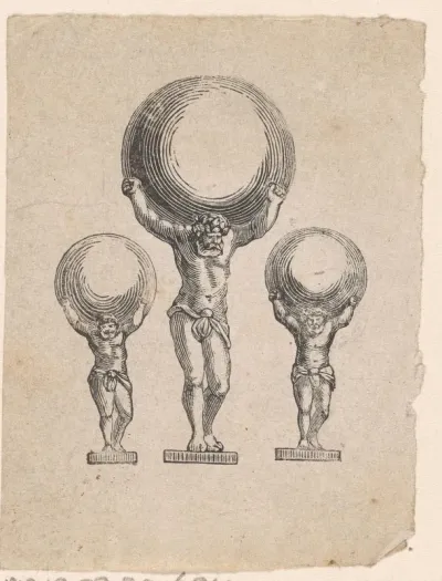 Drie standbeelden van Atlas die de wereld op zijn schouders draagt