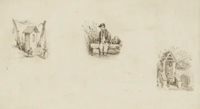 Drie studies, in het midden een hengelaar