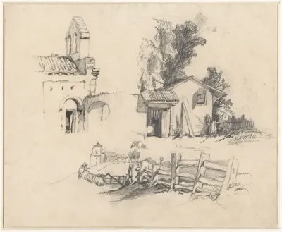 Drie studies van een kerk, huisje en hek