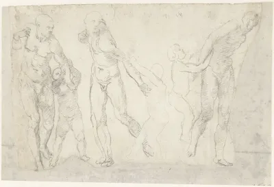 Drie studies van een man, die door een kind aan de arm wordt getrokken