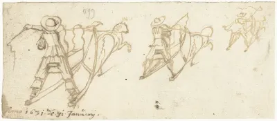Drie studies van een slede met een paard ervoor