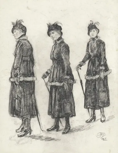 Drie studies van een wandelende dame in mantelkostuum