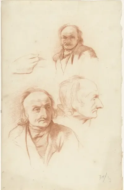 Drie studies van het hoofd van een oude man en een hand