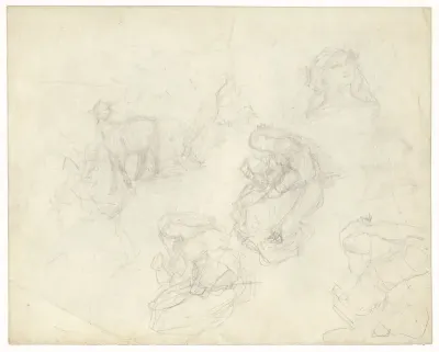 Drie studies voor een landschap met een meisje en twee geitjes