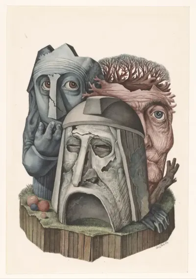 Drie surrealistische koppen in een landschap