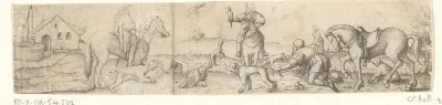 Drie valkeniers met paarden
