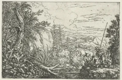 Drie vissers aan de oever van een rivier