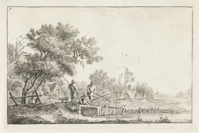 Drie vissers op een brug