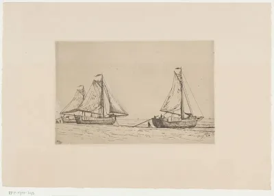 Drie vissersboten op het strand van Katwijk