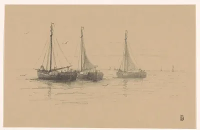 Drie vissersschepen op zee