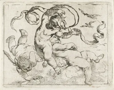 Drie vliegende putti met banderollen