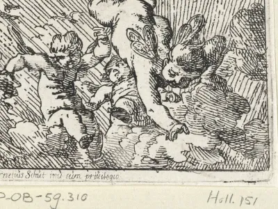 Drie vliegende putti met vlinderachtige vleugels