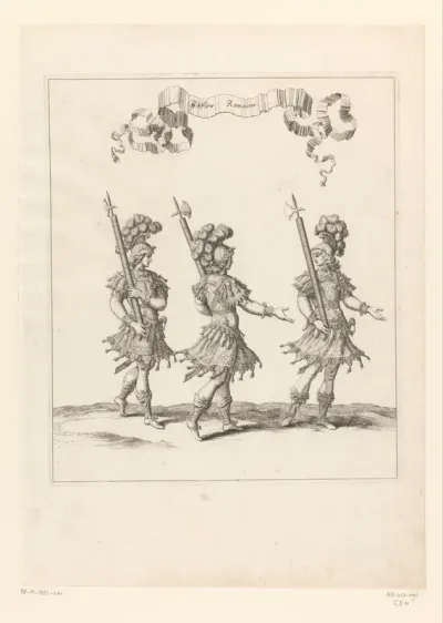 Drie voetknechten met fasces in Romeins kostuum