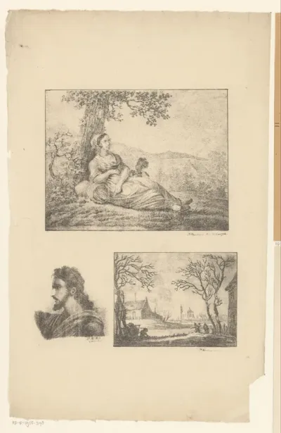 Drie voorstellingen: landschap met rustende vrouw en kind, Christus en een winterlandschap