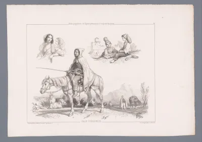 Drie voorstellingen van figuren, waaronder twee geitenhoeders te paard in een landschap