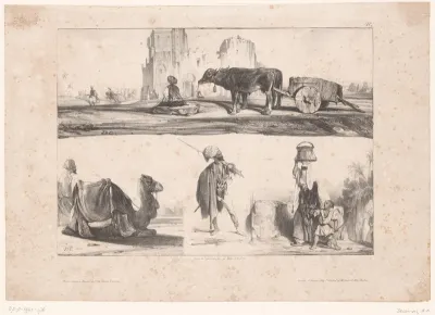 Drie voorstellingen van oosterse figuren en dieren