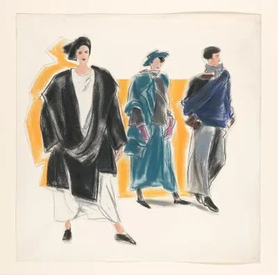 Drie vrouwelijke modellen in ruimvallende kleding