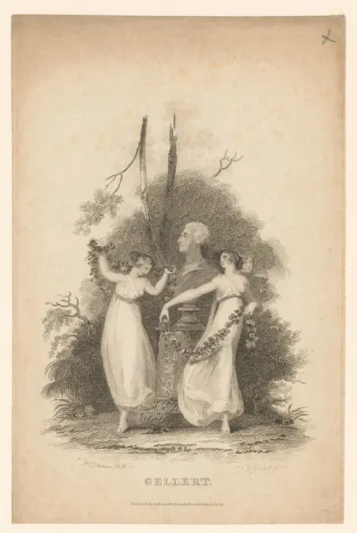 Drie vrouwen dansen rondom een buste van Christian Fürchtegott Gellert