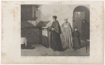 Drie vrouwen en een meisje in een kerkinterieur