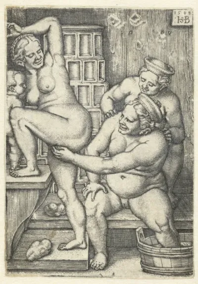 Drie vrouwen in een badhuis