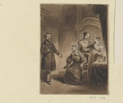 Drie vrouwen in een interieur met een binnenkomende man