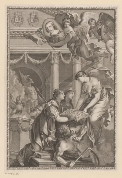 Drie vrouwen met een boek waaronder Tijd ligt, erboven zweeft Fama met een portret van kardinaal Mazarin