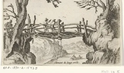 Drie wandelaars op een houten brug