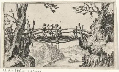 Drie wandelaars op een houten brug