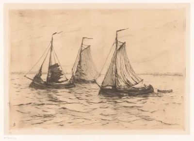 Drie zeilboten op de Maas bij Dordrecht