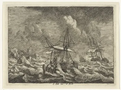 Drie zeilschepen in een storm voor een rotsachtige kust