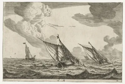 Drie zeilschepen op een ruwe zee