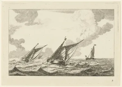 Drie zeilschepen op een ruwe zee