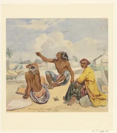 Drie zittende mannen bij een kali (dorp)