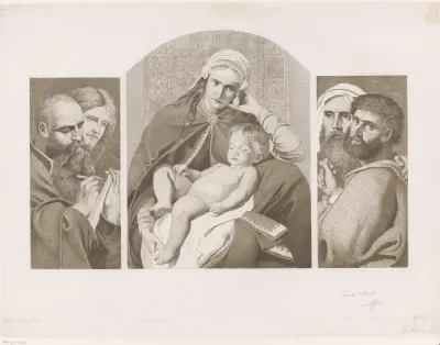 Drieluik met vier apostelen en in het midden Maria met het Christuskind op schoot