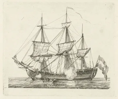Driemaster met vlag en een roeiboot