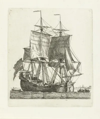 Driemaster met vlag en twee sloepen