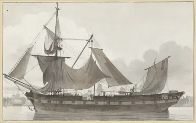 Driemaster onder noodtuig, een haven binnenlopend met zwakke wind