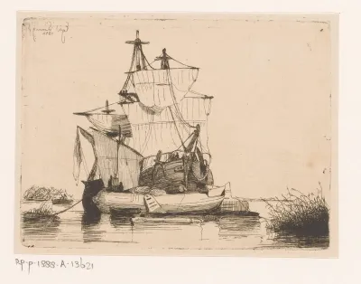 Driemaster voor anker bij een binnenvaartschip