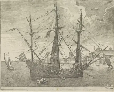 Driemaster voor anker bij een stad