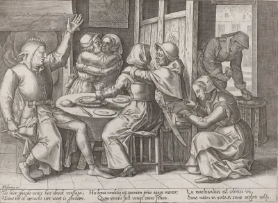 Drinkend gezelschap met een nar