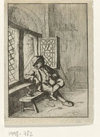 Drinkende boer aan venster