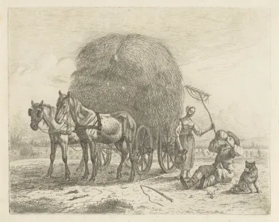 Drinkende boer bij een hooiwagen