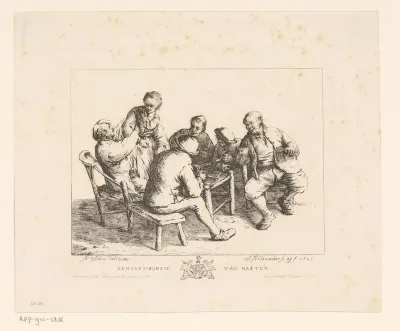 Drinkende boeren rondom een tafel