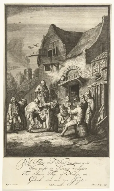 Drinkende en dansende boeren voor herberg