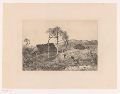 Drinkende koe in landschap met twee boerderijen