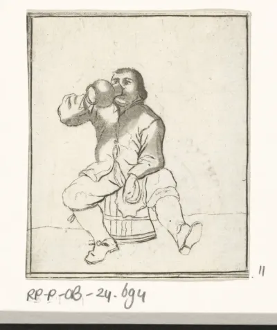 Drinkende man zittend op een ton
