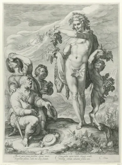 Drinkende mannen betuigen eer aan Bacchus